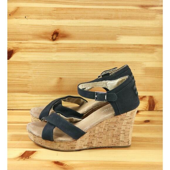 Toms Womens 9.5 Navy Blue Canvas Strappy Wedge Heel Sandals Ankle Strap - Picture 1 of 9